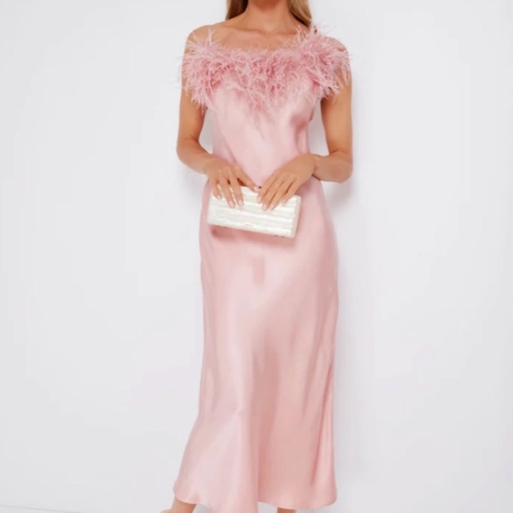 Sleeper Blush Pink Feather-Trimmed Midi Dress